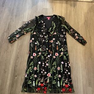 Floral mid calf length dress, sheer sleeves, fully lined
